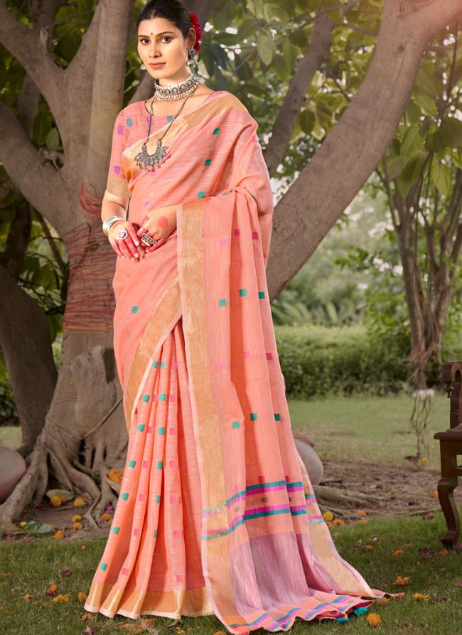 Cotton Peach Casual Wear Printed Saree